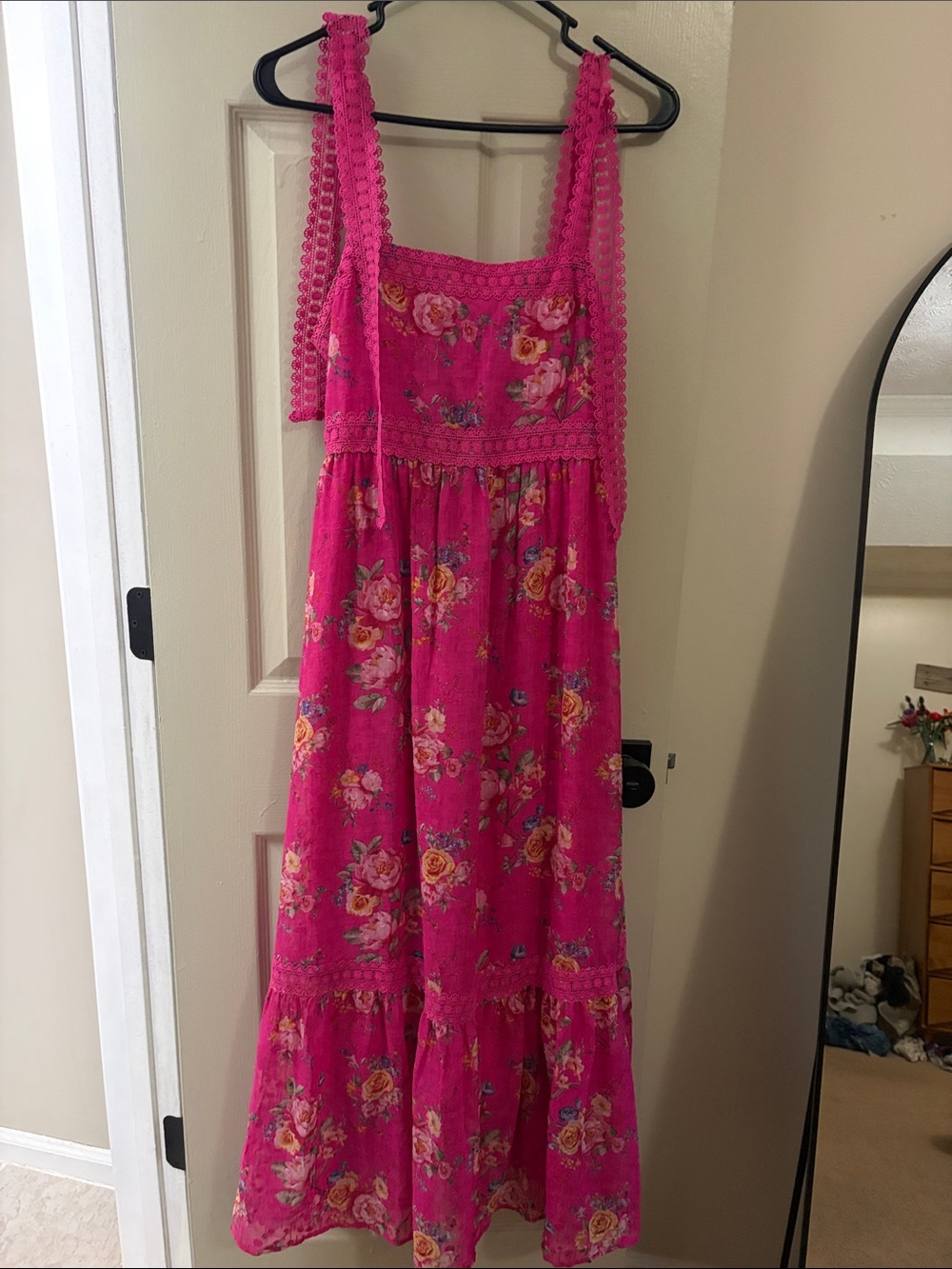 Floral Maxi Dress in Hot Pink with Crochet Straps